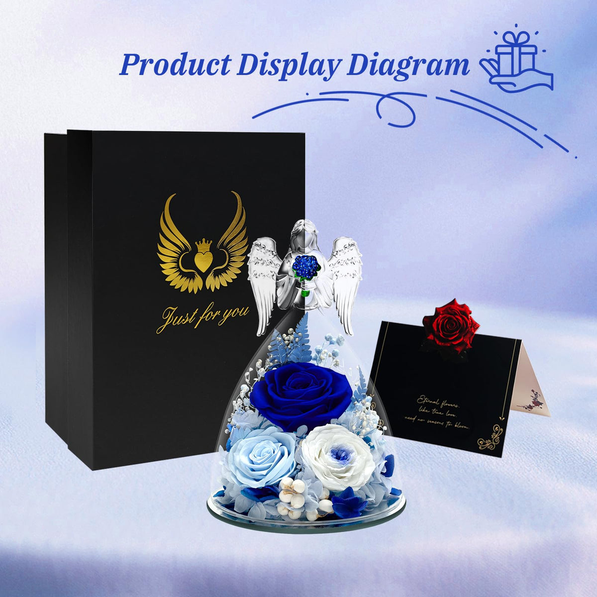 Tyvouflo blue rose in glass angel decorates romantic home space.