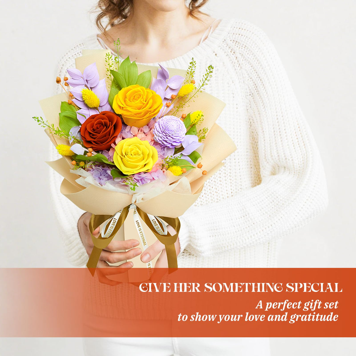 Tyvouflo eucalyptus accents add natural depth to the preserved arrangement.