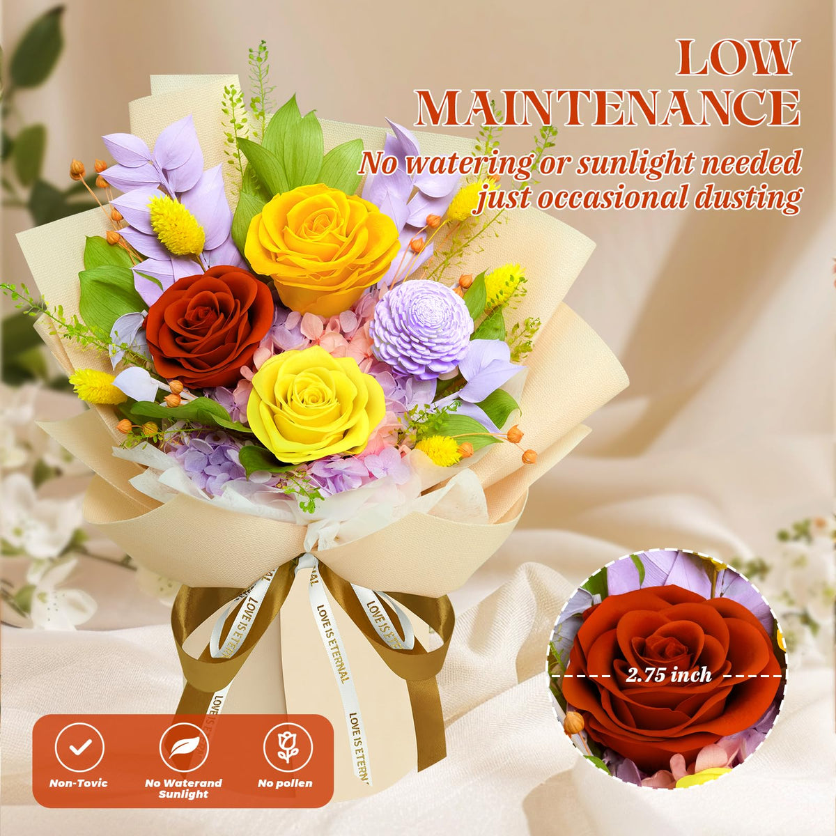 Tyvouflo hydrangea and roses close-up show rich textures and color.