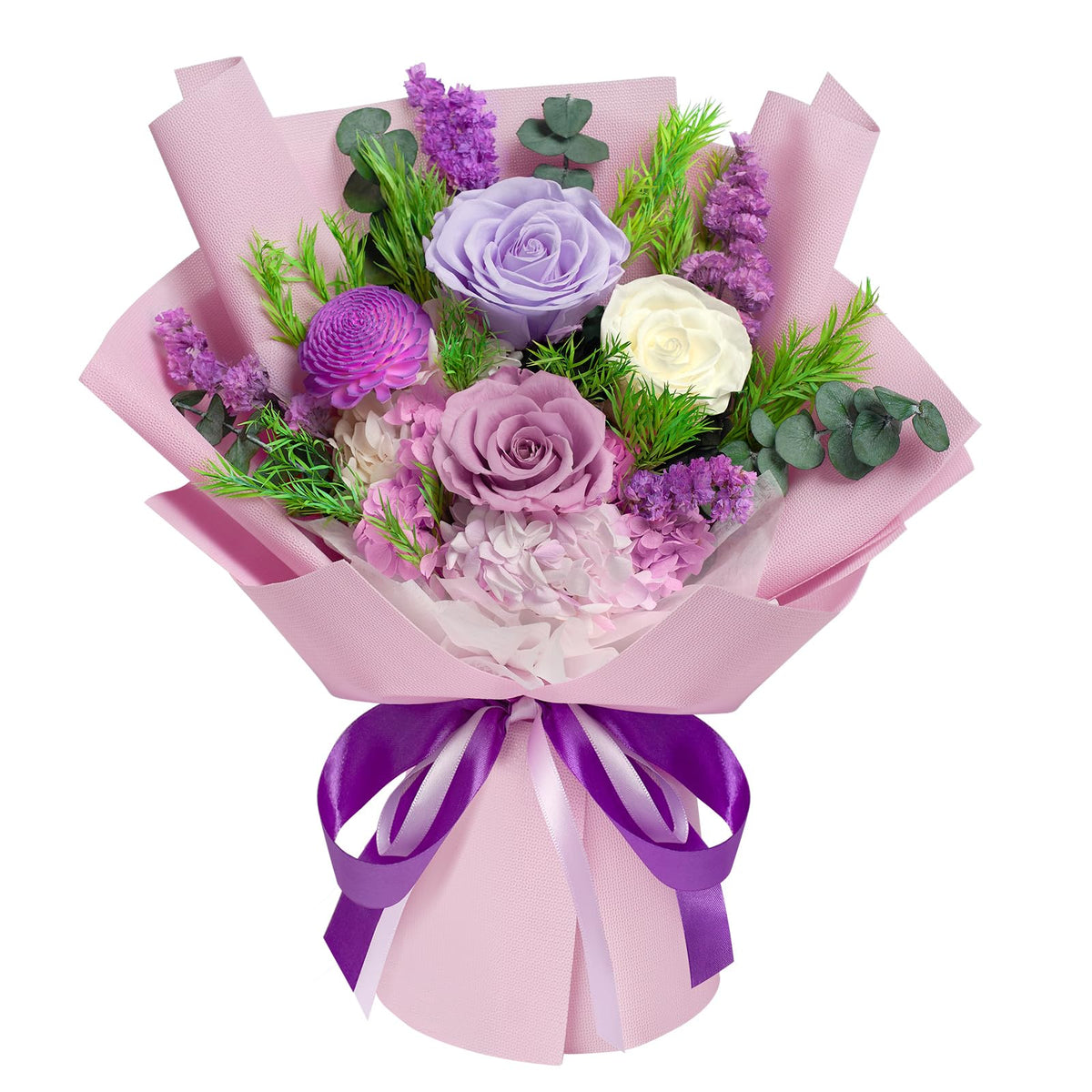 Tyvouflo preserved flowers bouquet purple front view, lasting home decor