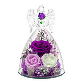 Tyvouflo preserved roses inside an angel dome for timeless gift appeal.