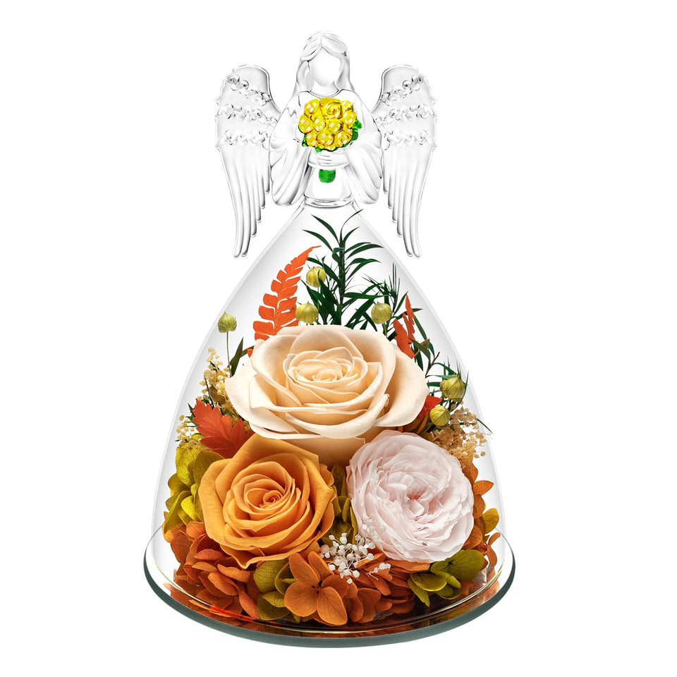 Tyvouflo preserved roses inside an angel dome, lasting beauty without watering.