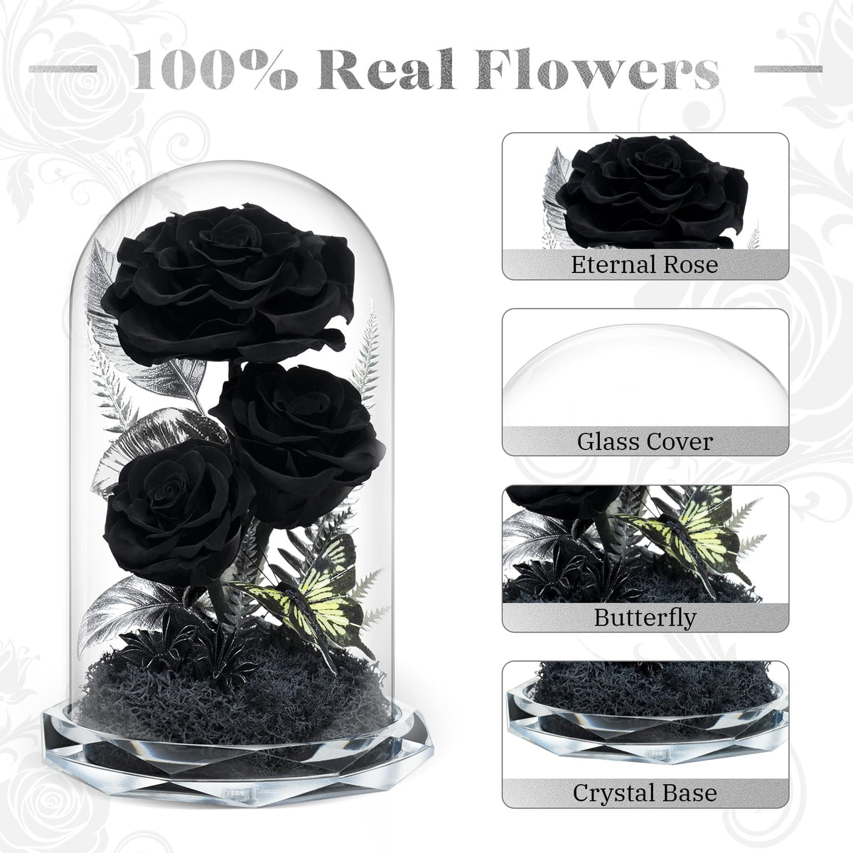 Tyvouflo preserved roses three-rose dome in a decorative display