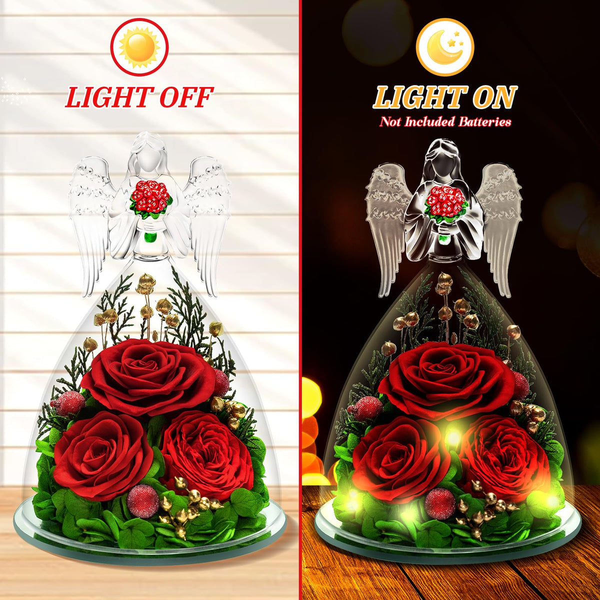 Tyvouflo rose in glass dome closeup highlighting vibrant color.
