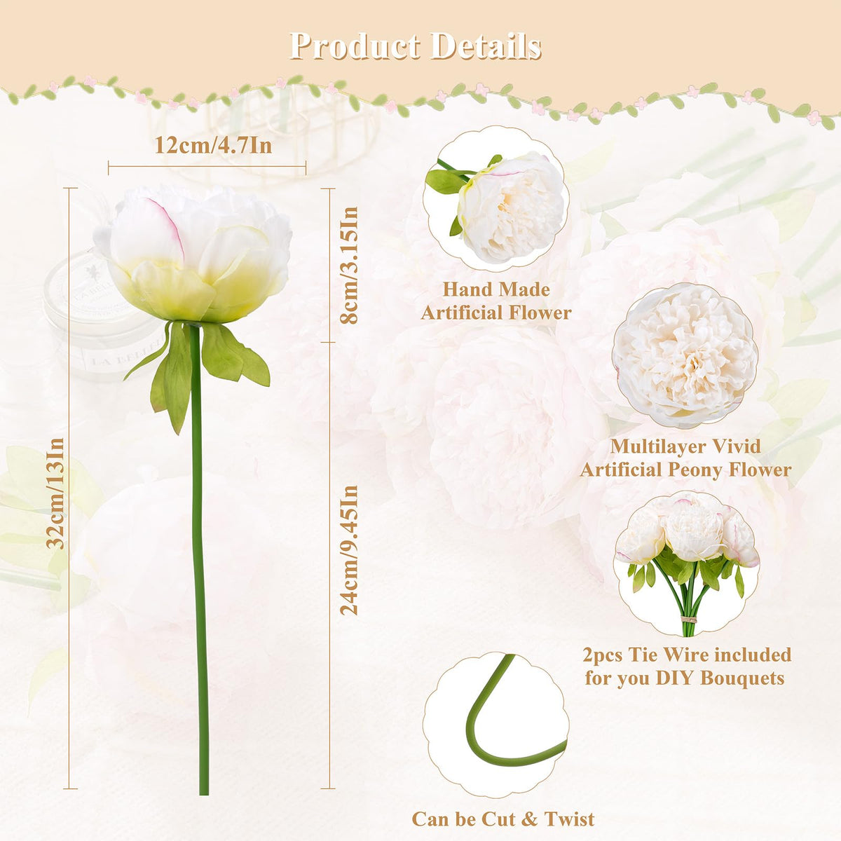 U'Artlines 10-head silk peony bouquet with bendable wire stems for versatile arrangements.