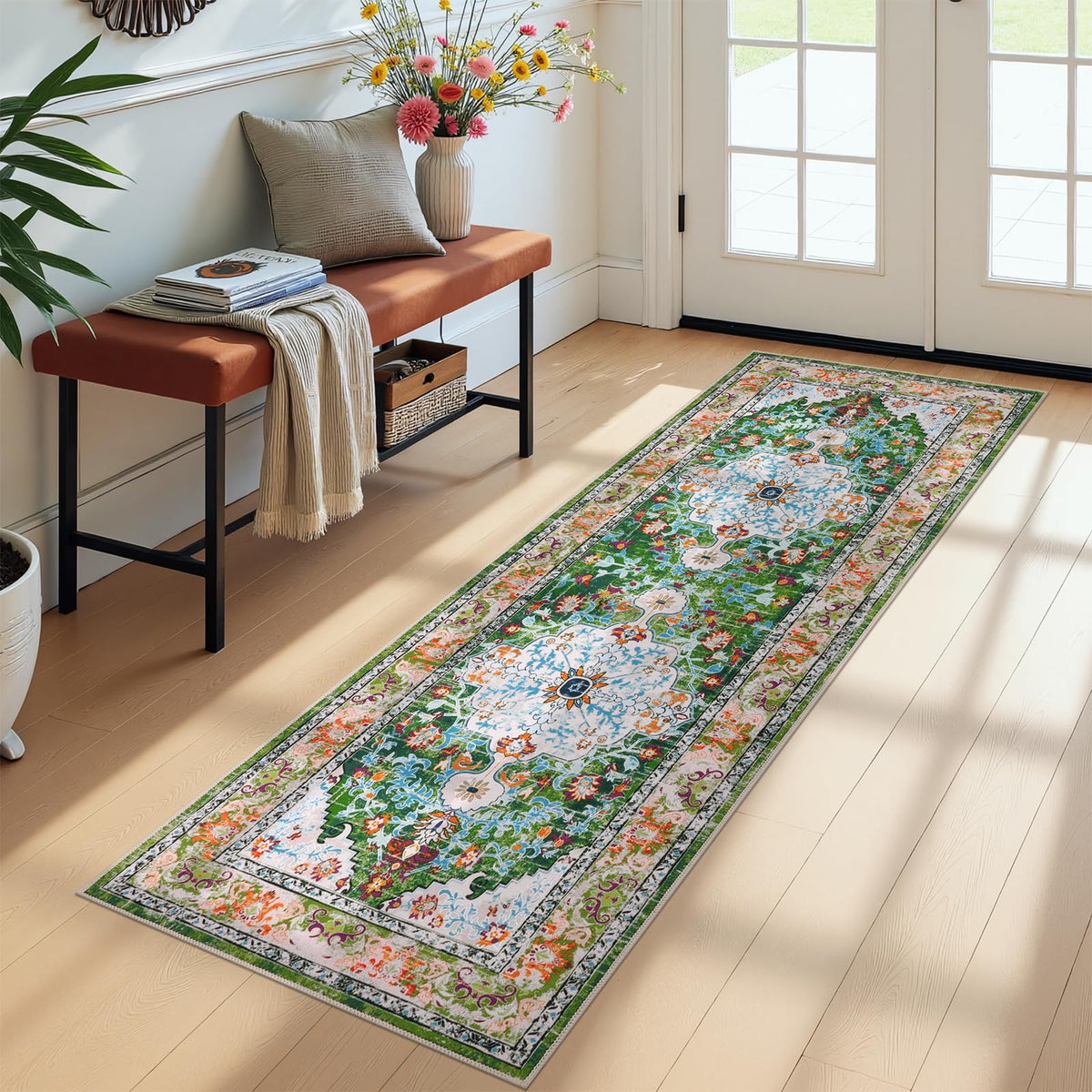 U'Artlines 2x6 Boho runner with floral pattern enhances hallway decor and longevity.