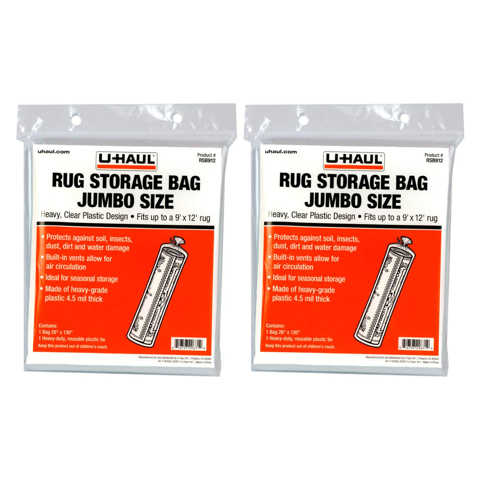 U-Haul Jumbo Rug Storage Bag protecting a rolled rug up to 9 ft by 12 ft with ventilation