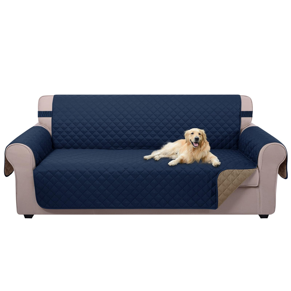 U-NICE HOME reversible sofa cover on a couch with a dog, protecting against spills.