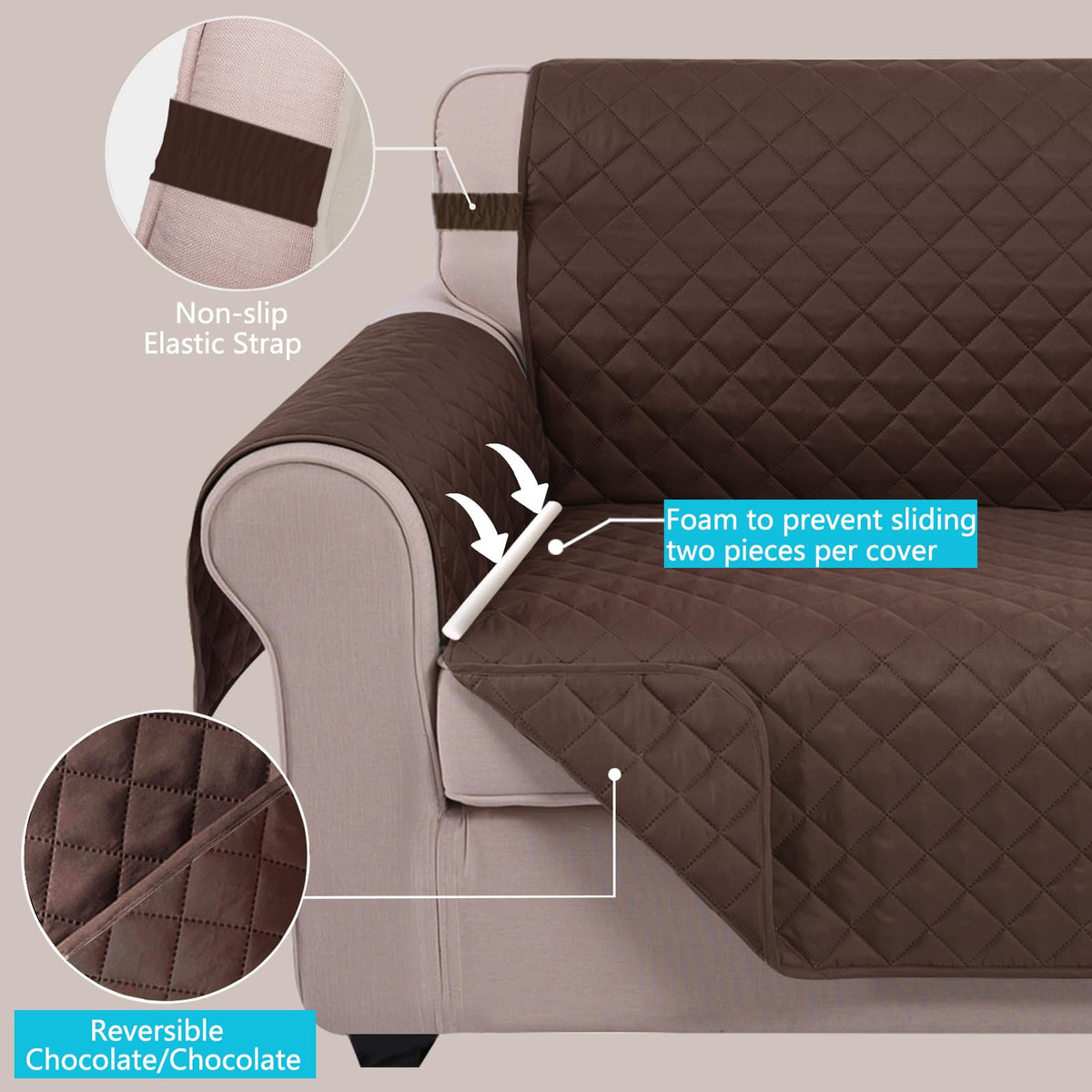 Elastic straps hold the cover securely in place on the sofa.