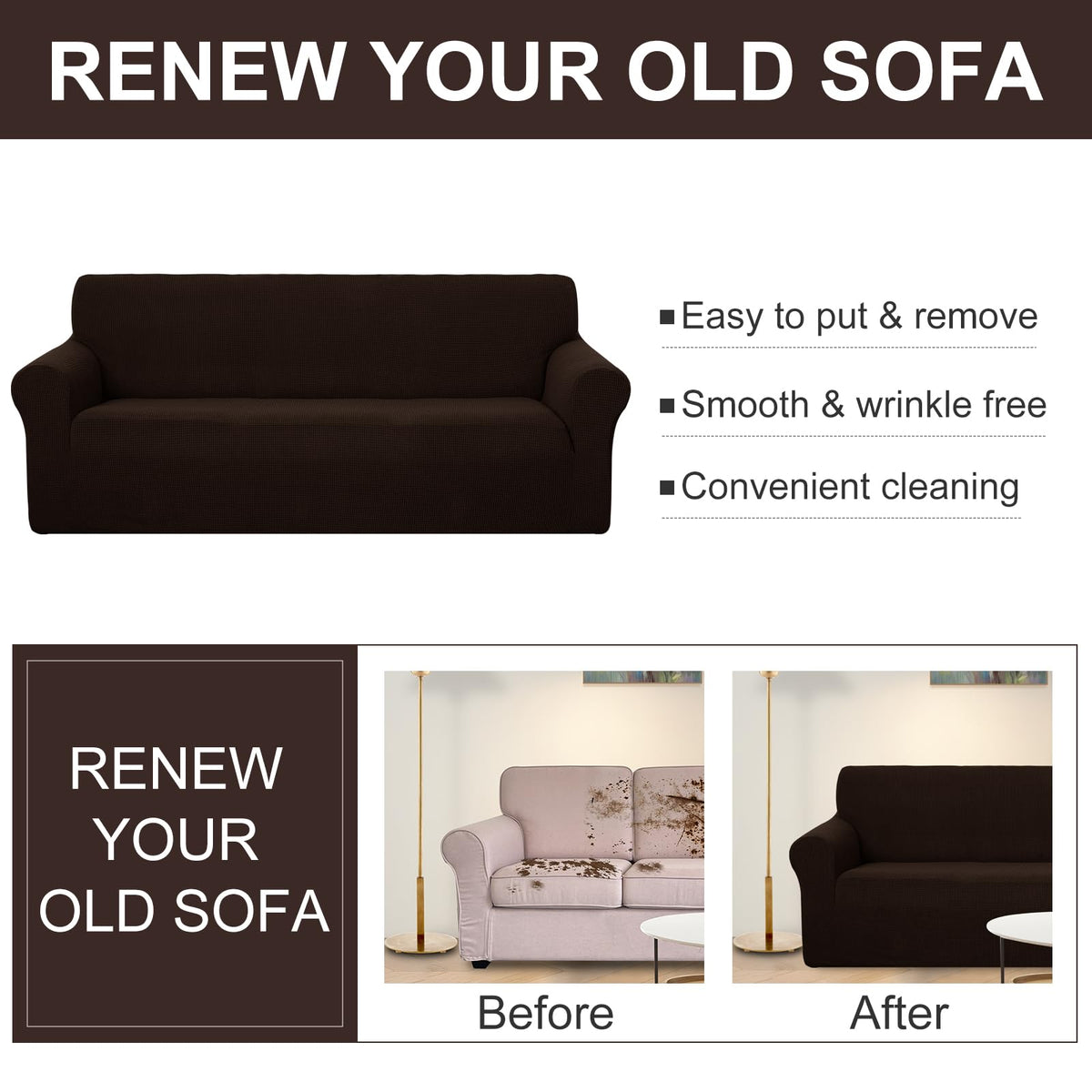 U-NICE HOME easy-install front view of the cover on a sofa.