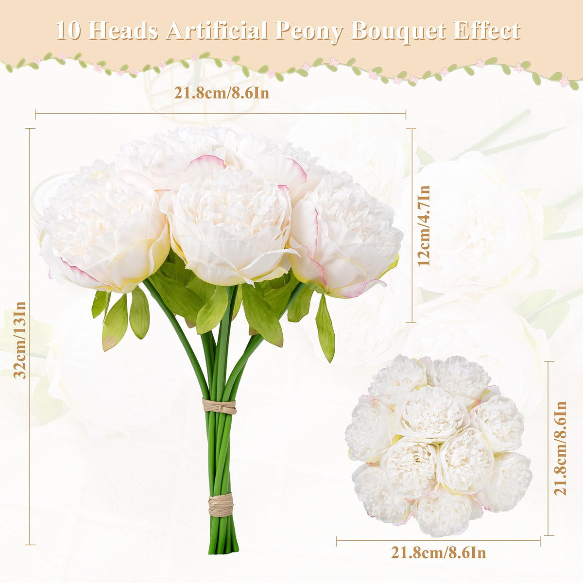 U'Artlines silk peony bouquet closeup in cream white with lifelike detail.