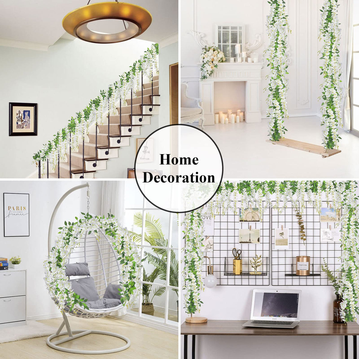 U'Artlines wisteria garland in living room corner, soft greenery and floral charm