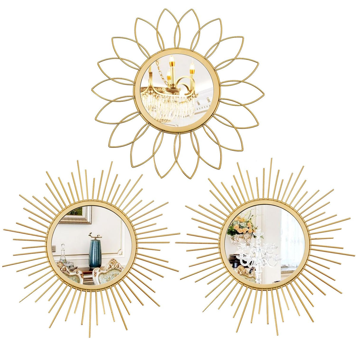 Uaussi sunburst gold mirrors create a striking wall focal point for decor