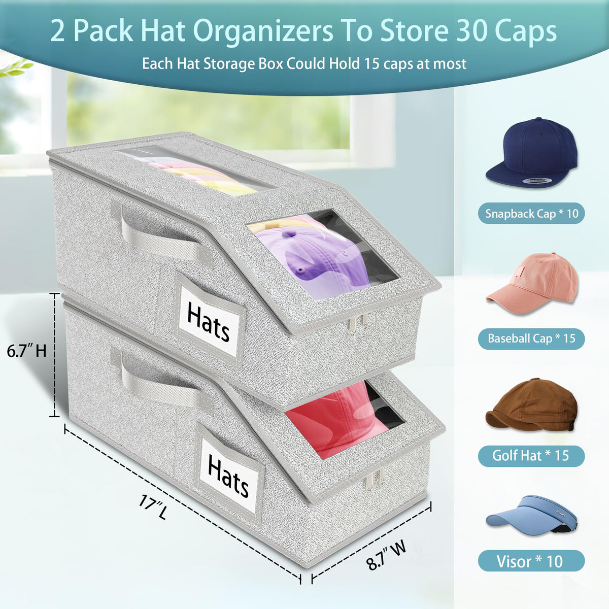 Uawsyut hat organizer with two visible windows lets you spot caps quickly without opening.
