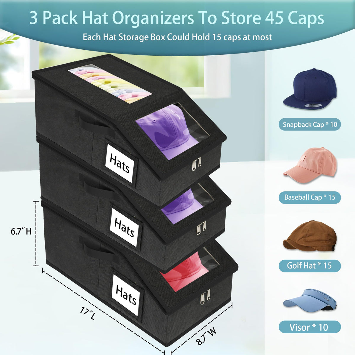 Uawsyut hat storage boxes with two clear windows enable quick cap selection.