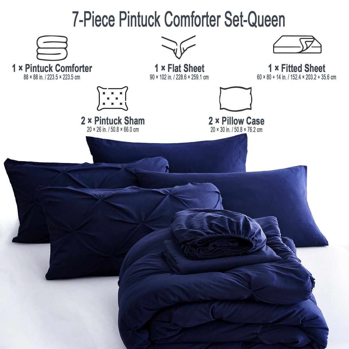 Ubauba navy bedding setup creates cohesive, inviting bedroom ambiance.