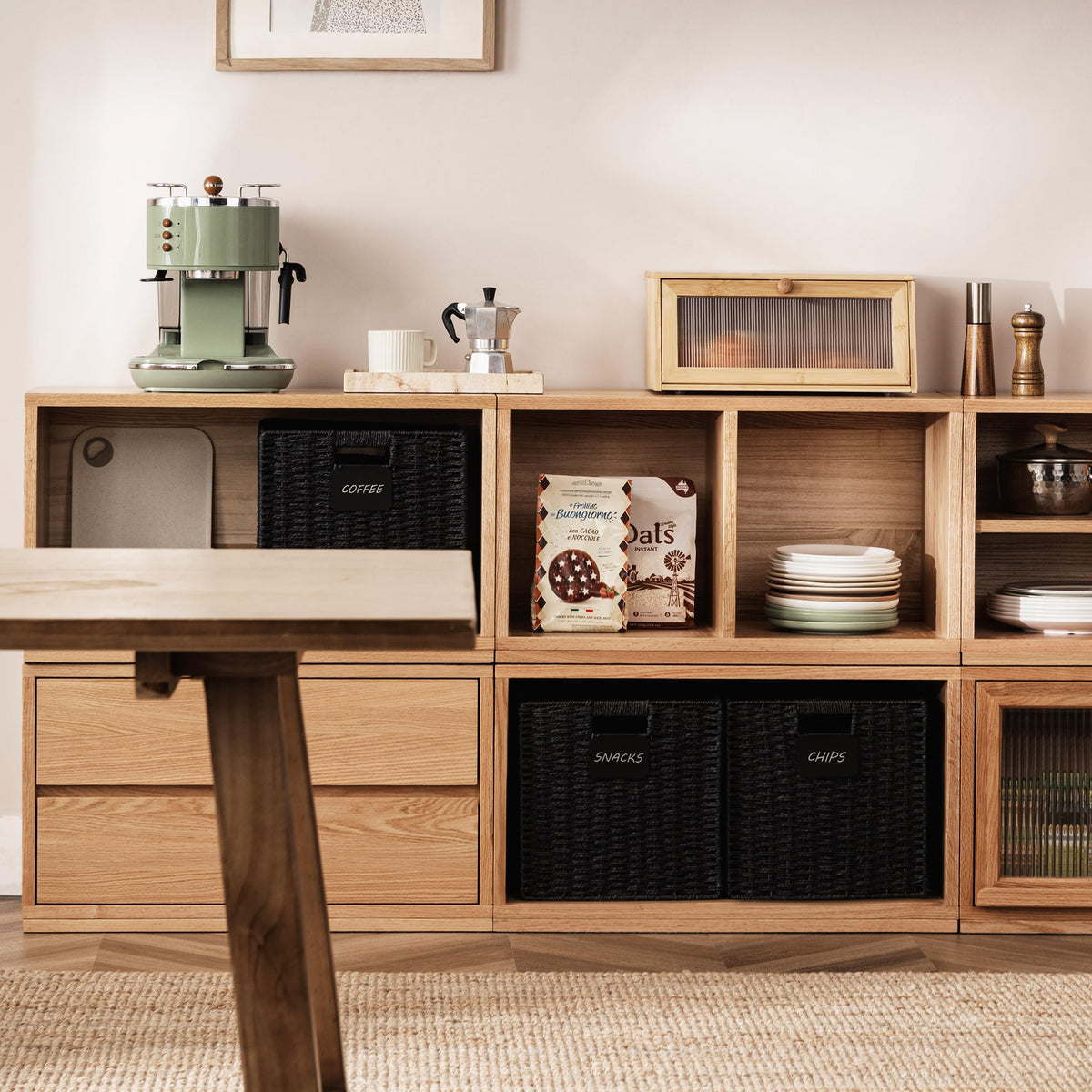 UBBCare storage bin with handles on a shelf offers easy pulling and relocation.
