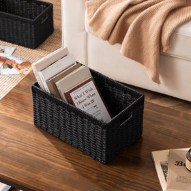 UBBCARE wicker basket on shelf aids room organization with natural style.