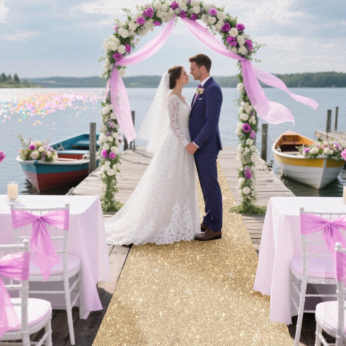 UBCGOTT Glitter Champagne Gold carpet with tape enables secure, quick setup.