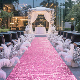 UBCGOTT glitter pink wedding aisle transforms a venue into a glamorous ceremony runway.