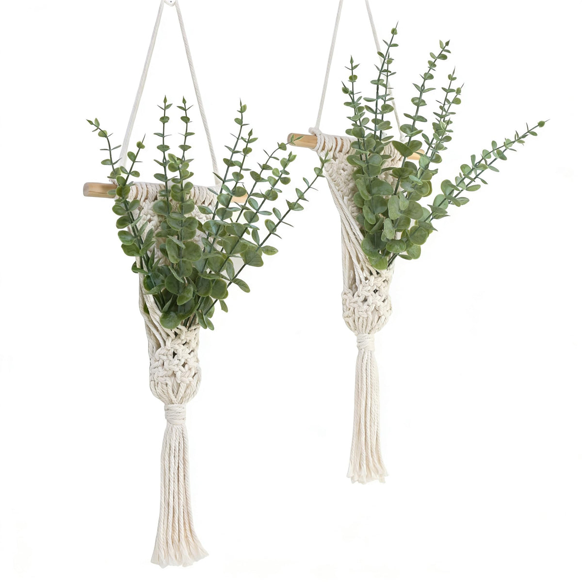 UBOSU macrame wall hanging with eucalyptus close-up showing artisan knotwork for chic texture