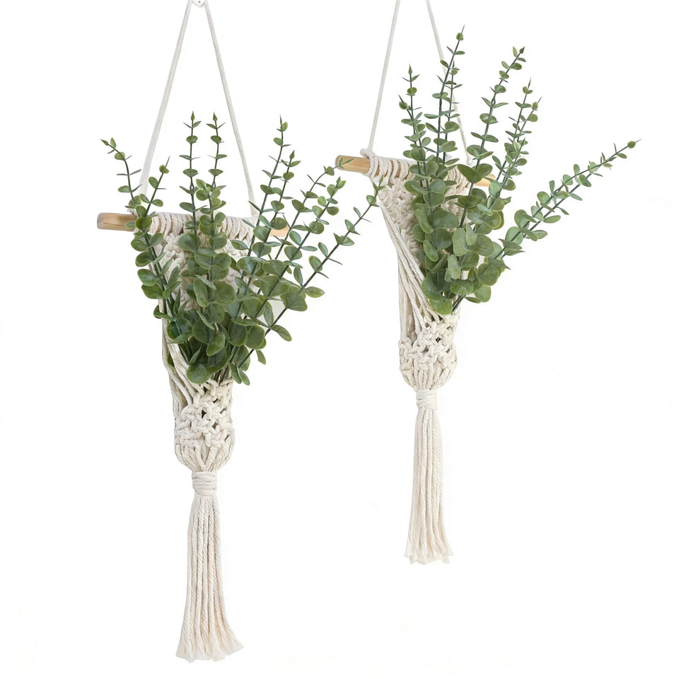 UBOSU macrame wall hanging with eucalyptus close-up showing artisan knotwork for chic texture