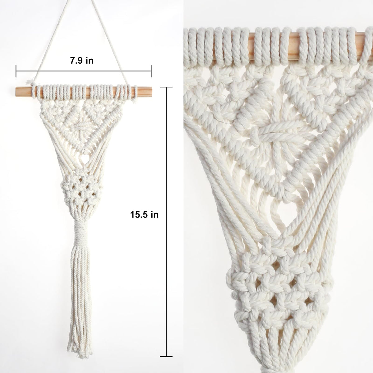 UBOSU macrame wall hanging featuring a wooden dowel and eucalyptus leaves for natural charm.
