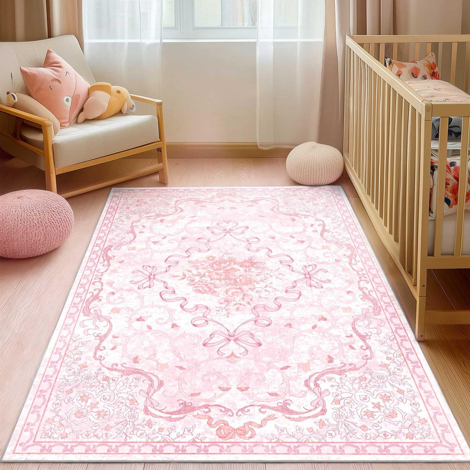Ucharm Pink Bow Rug full view adds cozy charm to a bedroom or living room.