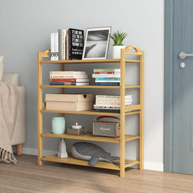 Adjustable shelves on the UDEAR bamboo rack accommodate boots and larger items.