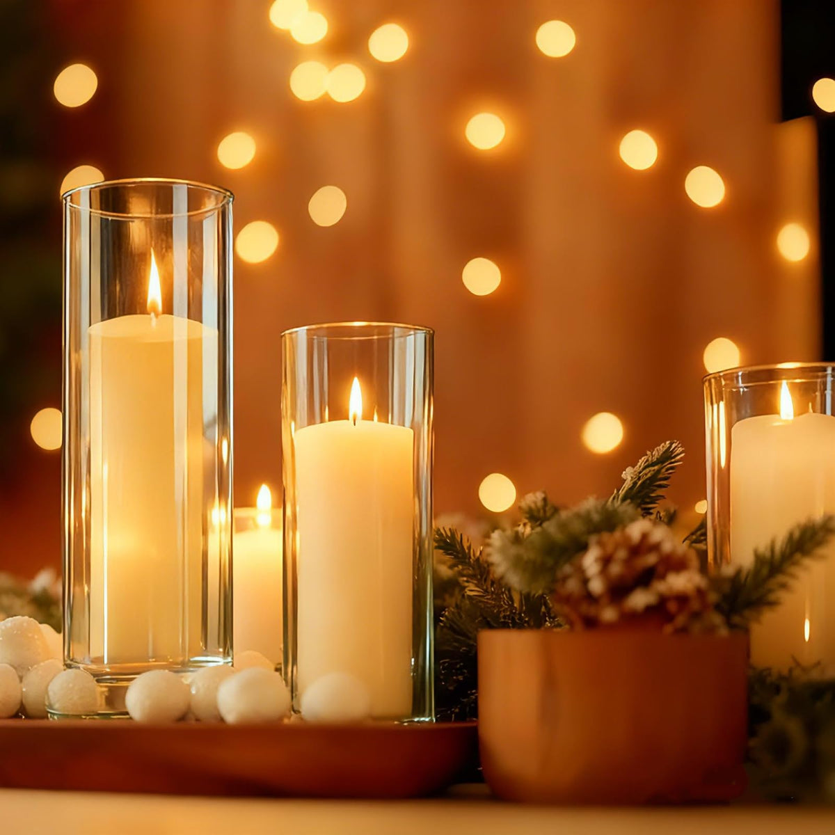 UDU home ambience with pillar candles illuminating a cozy living space.