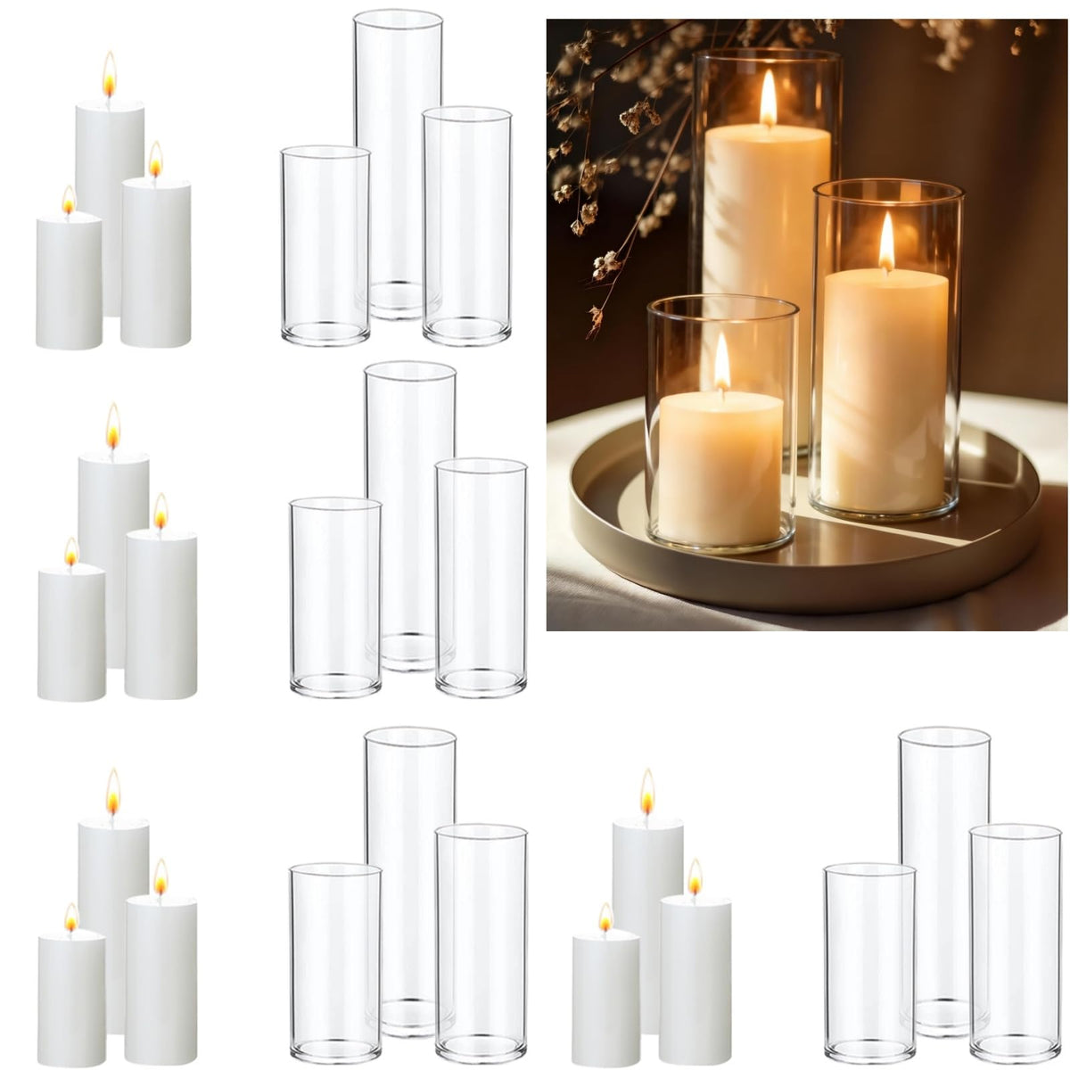 UDU white pillar candles arranged with glass hurricane holders for elegant centerpieces.