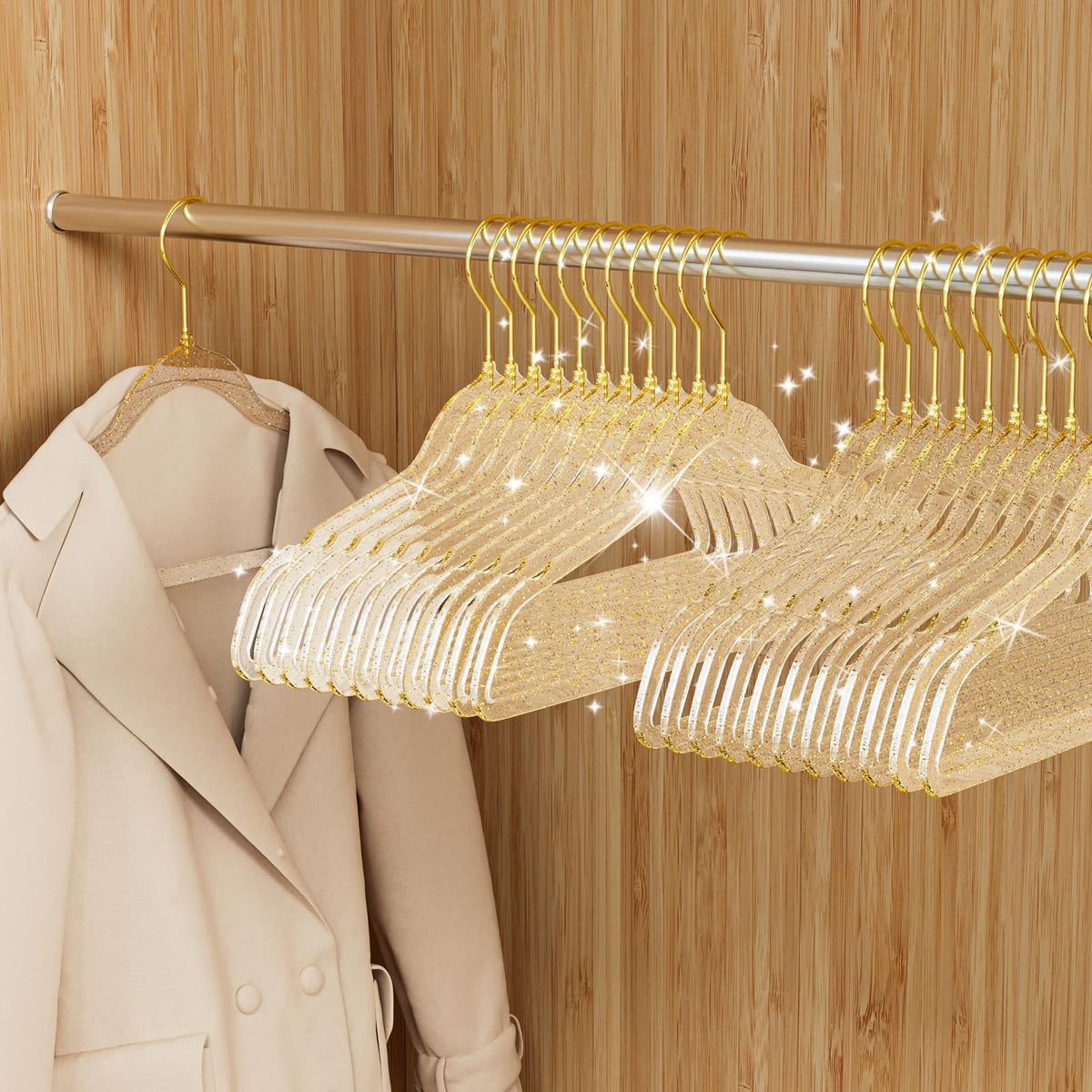 UEAKPIC clear hangers with gold glitter for organized closets and elegant display