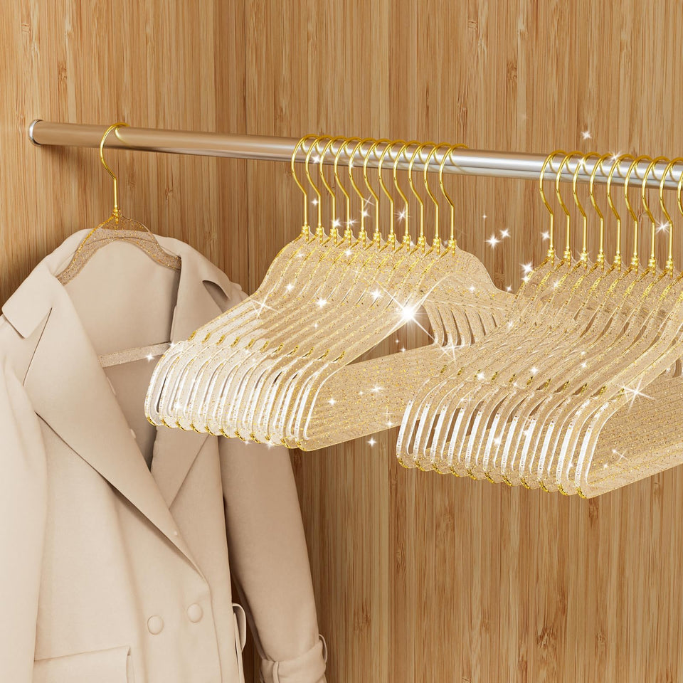 UEAKPIC clear hangers with gold glitter for organized closets and elegant display