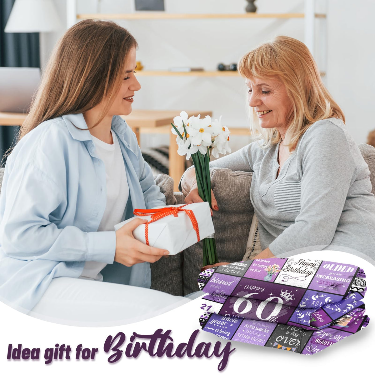Ueedklaayy 60th birthday blanket design on couch for cozy movie nights