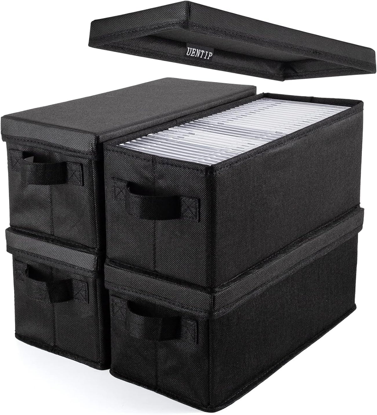 UENTIP CD storage boxes pack 4 in black keep media neatly organized.