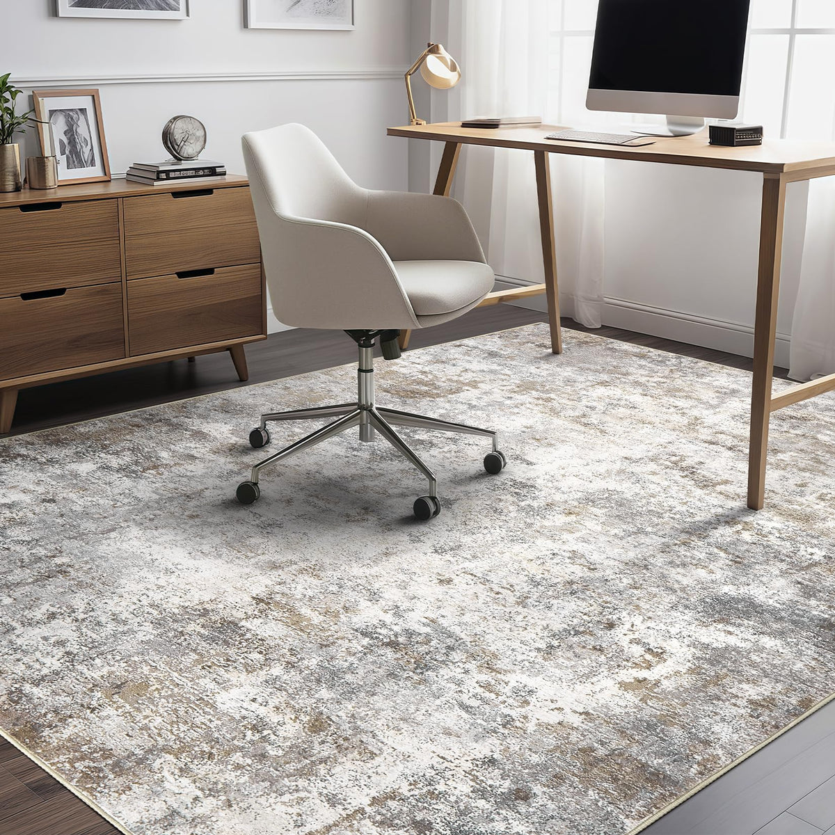 UERMEI neutral brown-grey rug complements modern decor styles.