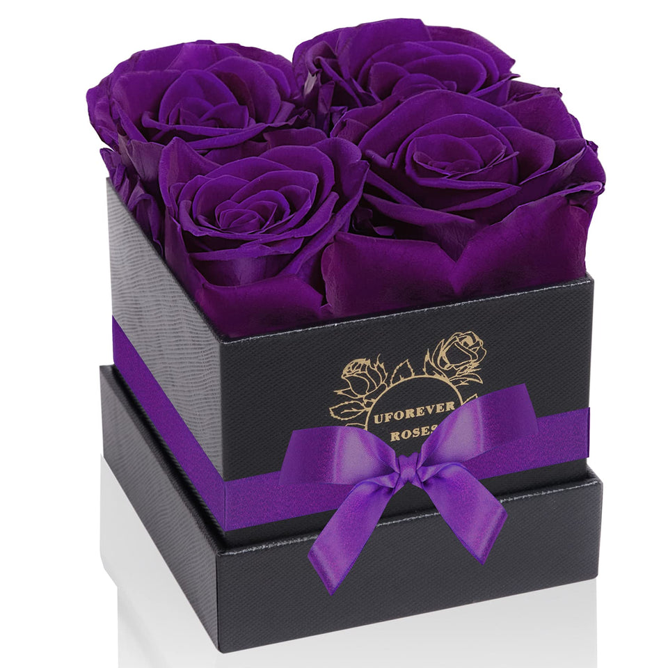 UFOREVER ROSES 4-piece preserved-roses-box with purple blooms, a long-lasting gift idea.