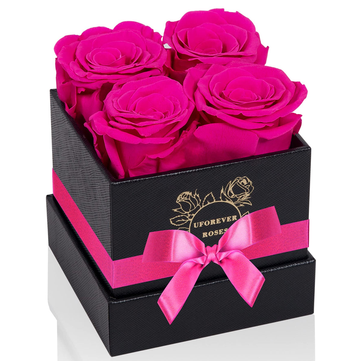 UFOREVER ROSES 4-piece preserved roses in a black box with ribbon, ready to gift.