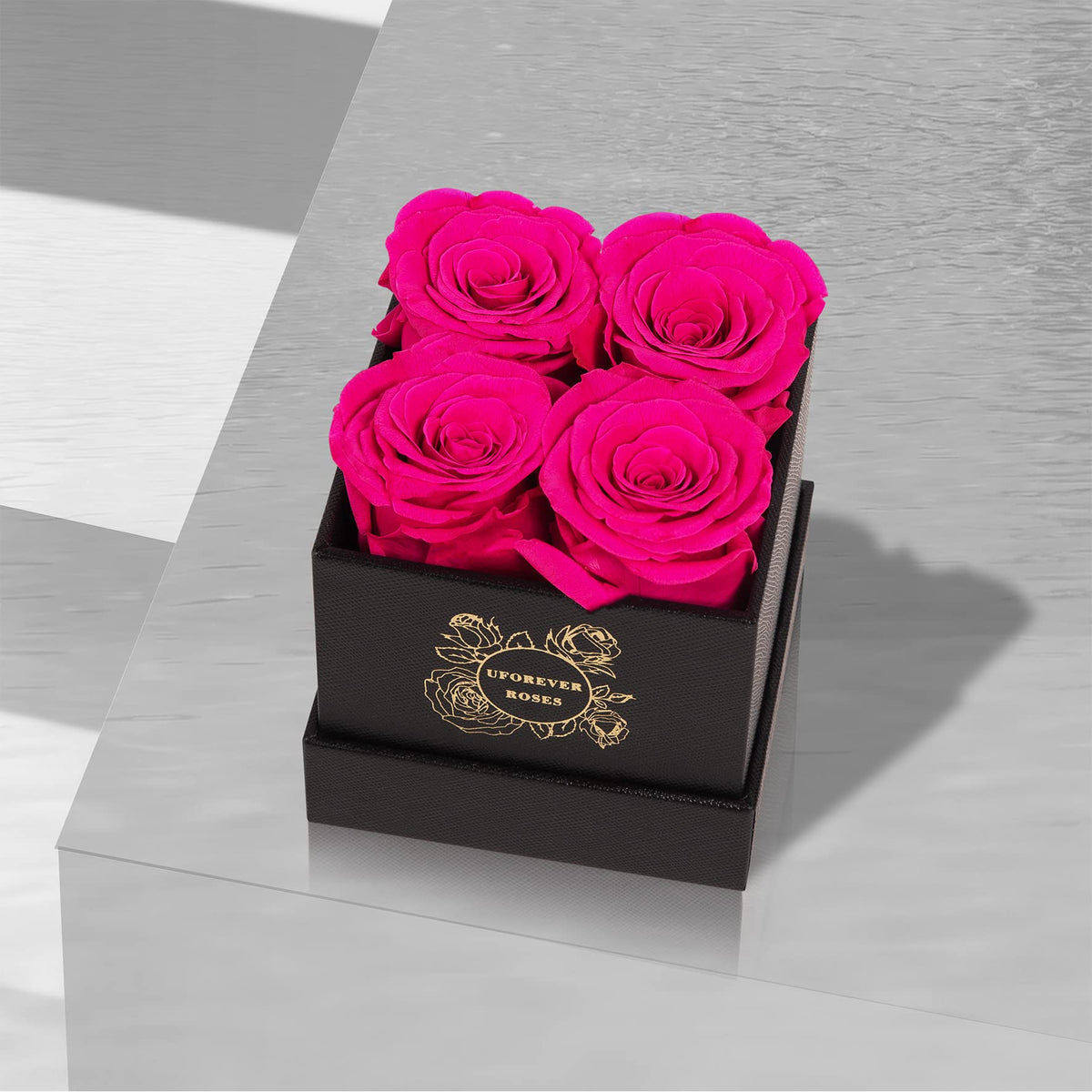 UFOREVER ROSES black box with silky ribbon, a classic gift presentation.