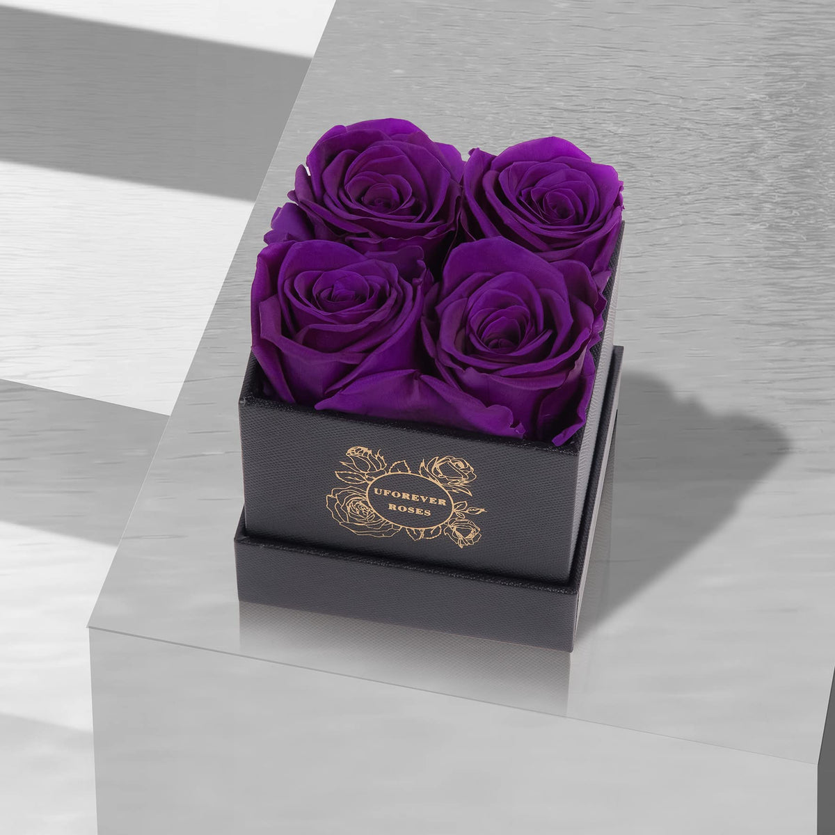 UFOREVER ROSES black-box-with-silk-ribbon displaying elegant gift presentation for her.