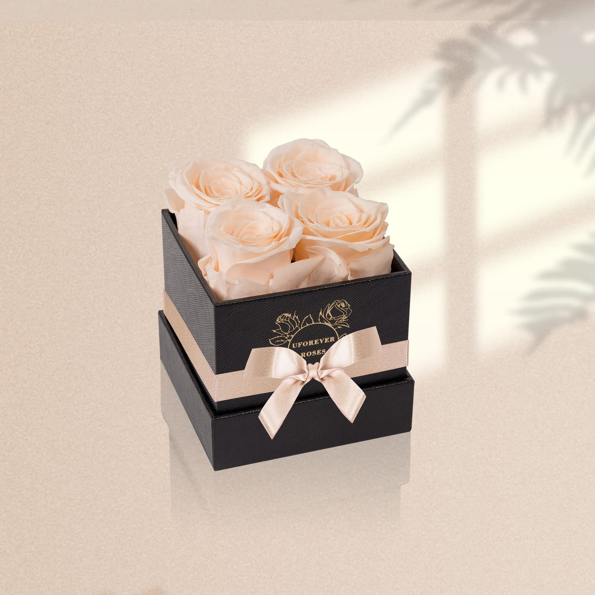 UFOREVER ROSES buttermilk black box presents premium preserved roses with silk ribbon
