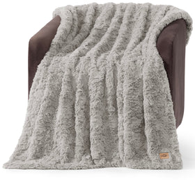 UGG Adalee faux fur throw on couch with wave texture for cozy living room ambiance
