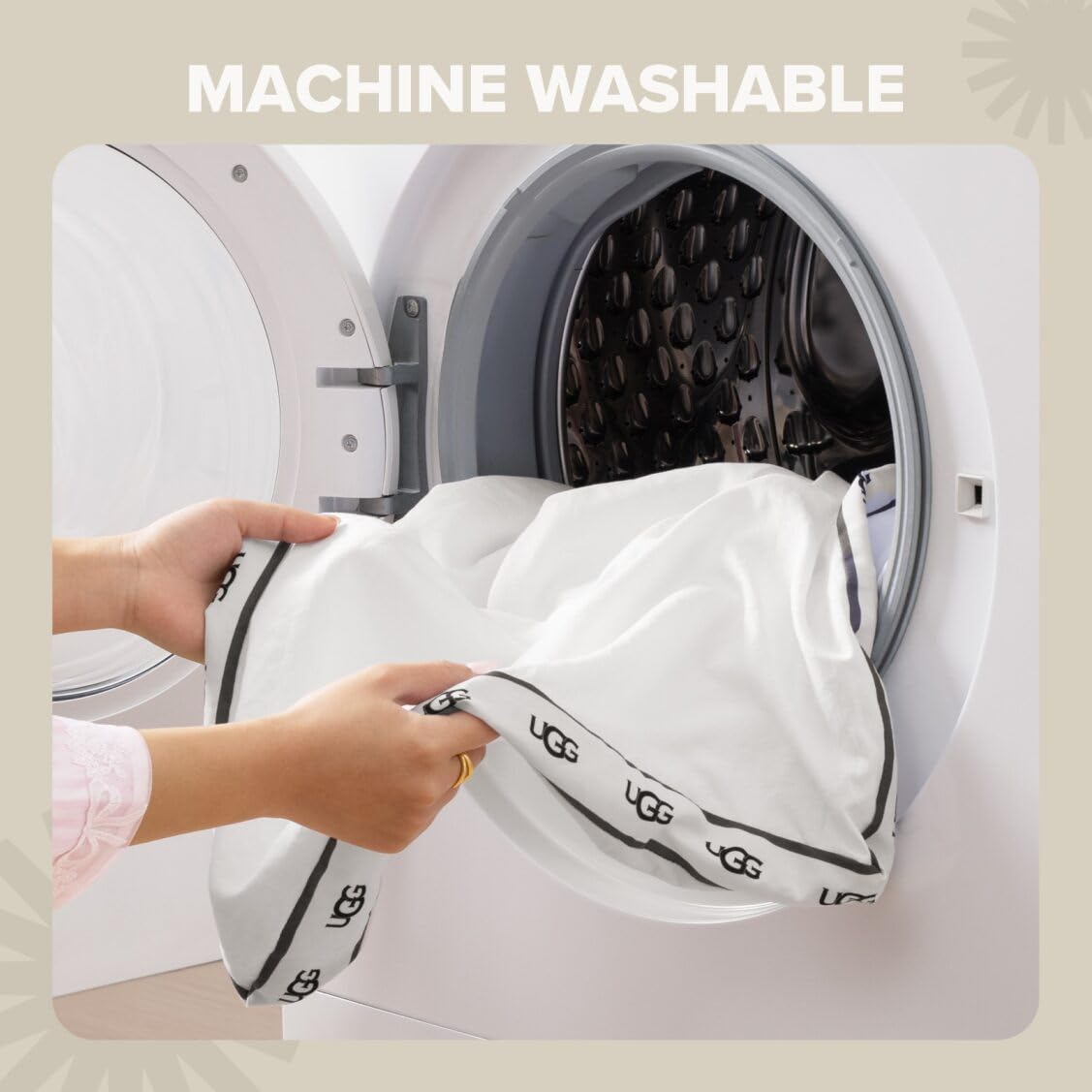 Care instructions showing machine wash for UGG Devon pillow cover.