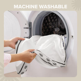 Care instructions showing machine wash for UGG Devon pillow cover.