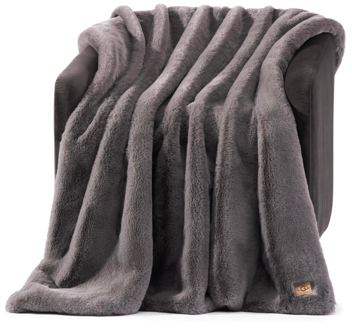 UGG Euphoria plush faux fur throw front view highlights ultra-soft texture for couch comfort.