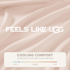 UGG Hedi queen sheet set flat sheet dimensions shown on bed