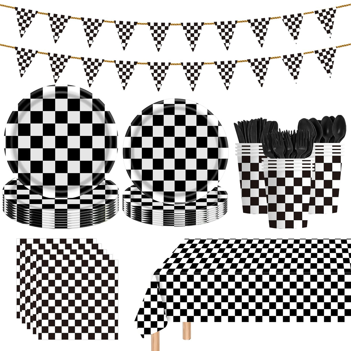Uikeleexm race car plates showcase checkered design for quick, mess-free celebrations.