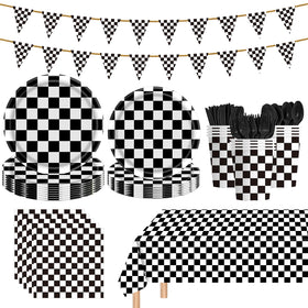 Uikeleexm race car plates showcase checkered design for quick, mess-free celebrations.