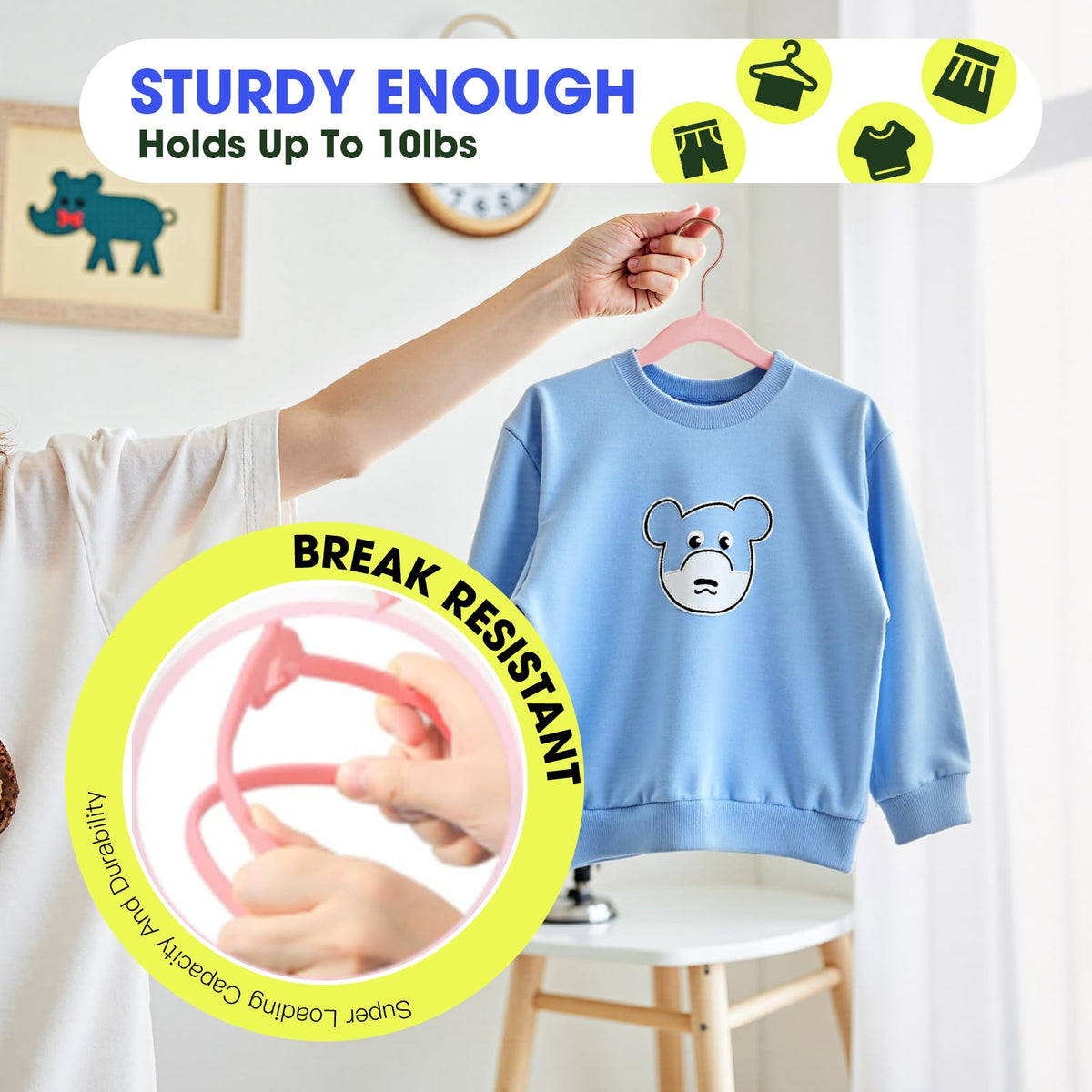 Uinicor kids hangers with 360 swivel hook for easy access.