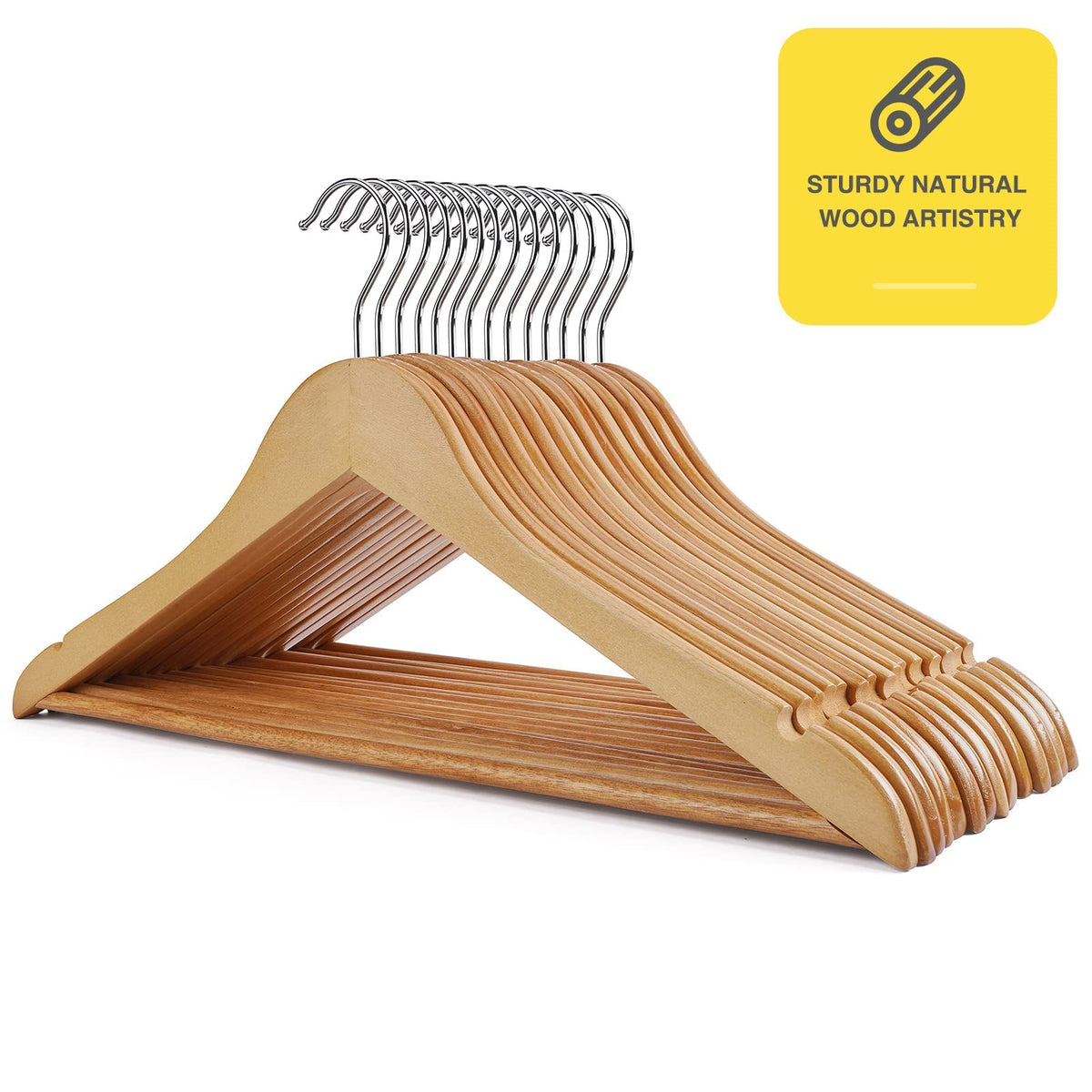 UINICOR wooden hangers with smooth edges to prevent fabric snags.
